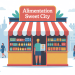 illustration enseigne alimentation sweet city urbain