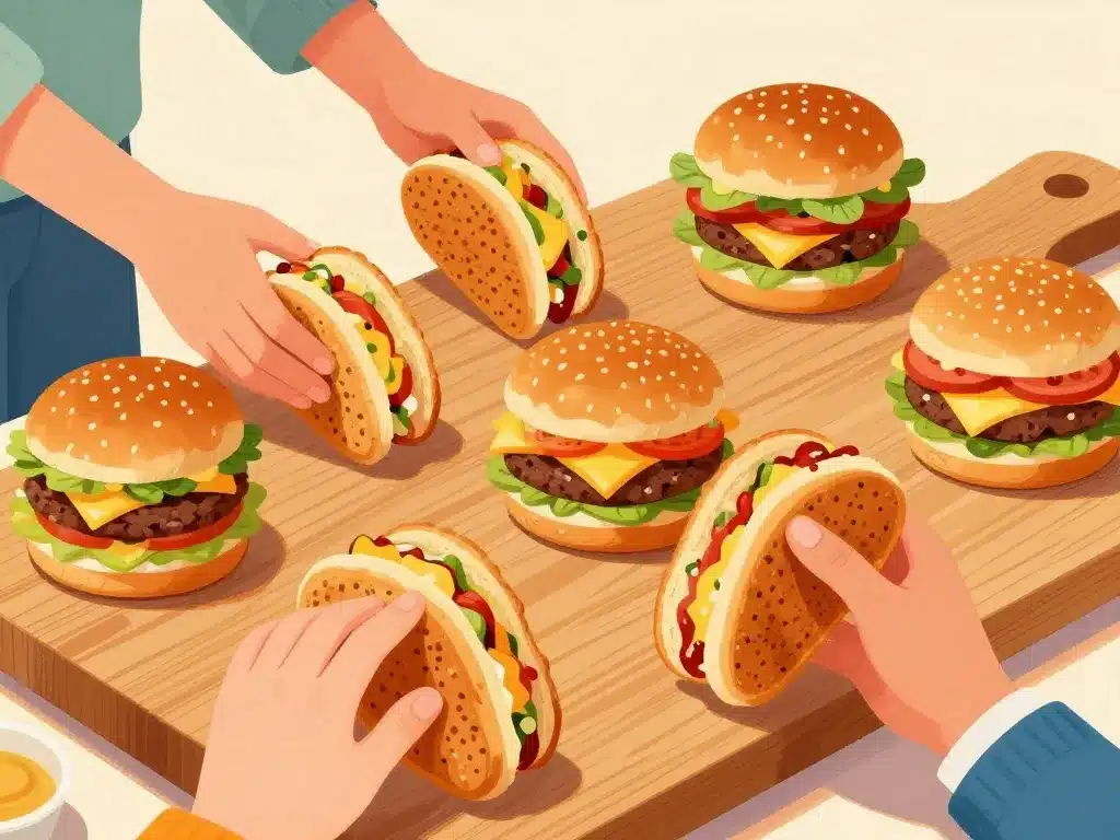 burger melt créatif avec garnitures originales sur plateau