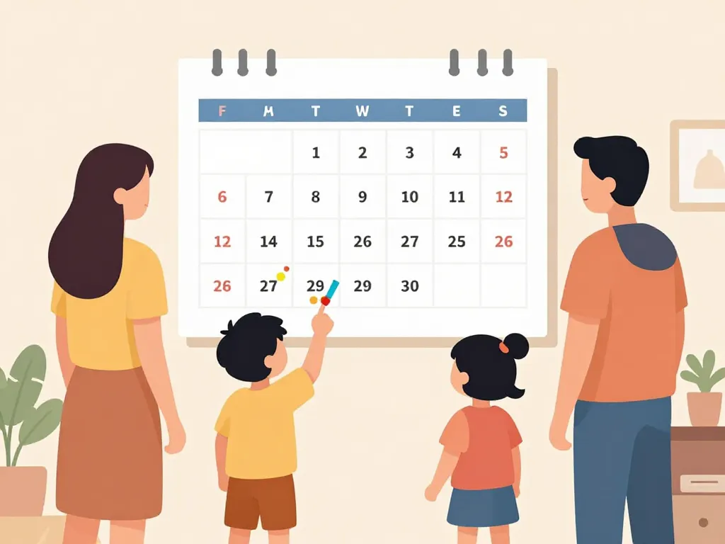 scène parents enfants utilisant calendrier familial à imprimer