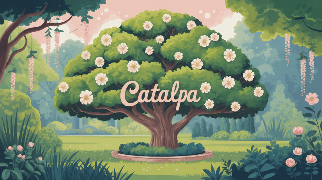 Illustration du catalpa arbre d'ornement avec feuillage en coeur et fleurs blanches