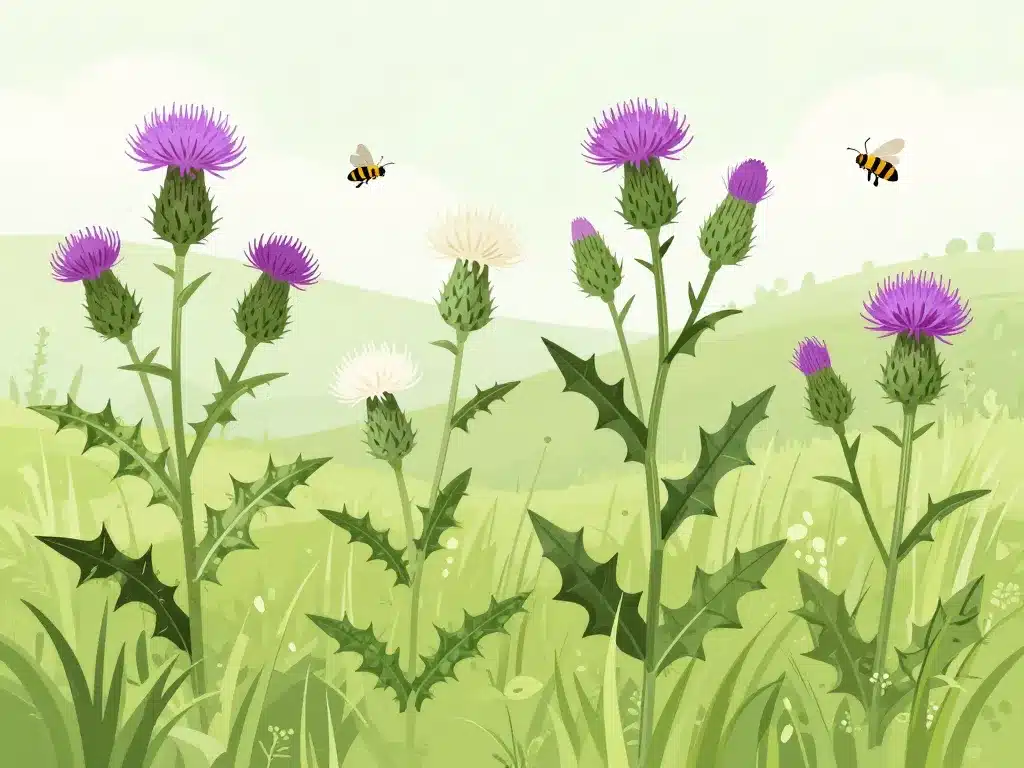 différentes variétés de chardon sauvage, feuilles et fleurs