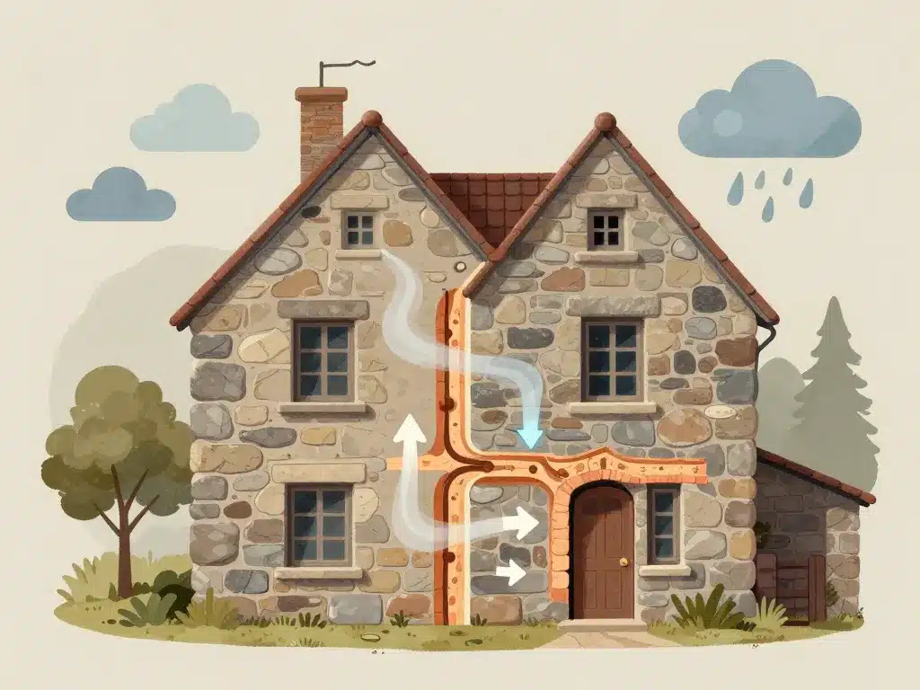 schéma isolation mur intérieur maison ancienne, challenges humidité et ponts thermiques