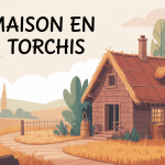 Maison en torchis entourée de végétation et matériaux naturels