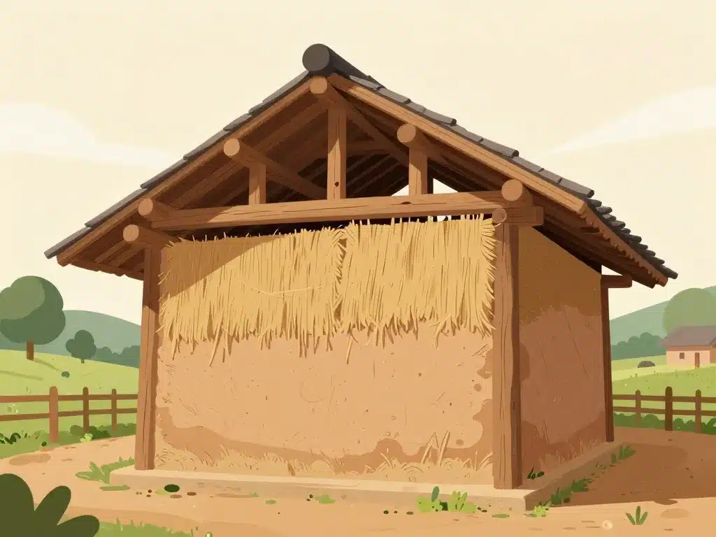 Structure bois et murs en torchis avec campagne environnante