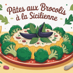 Illustration pâtes aux brocolis à la sicilienne ambiance méditerranéenne