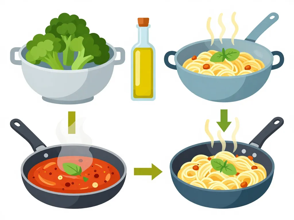 Schéma préparation pâtes aux brocolis à la sicilienne étapes clés