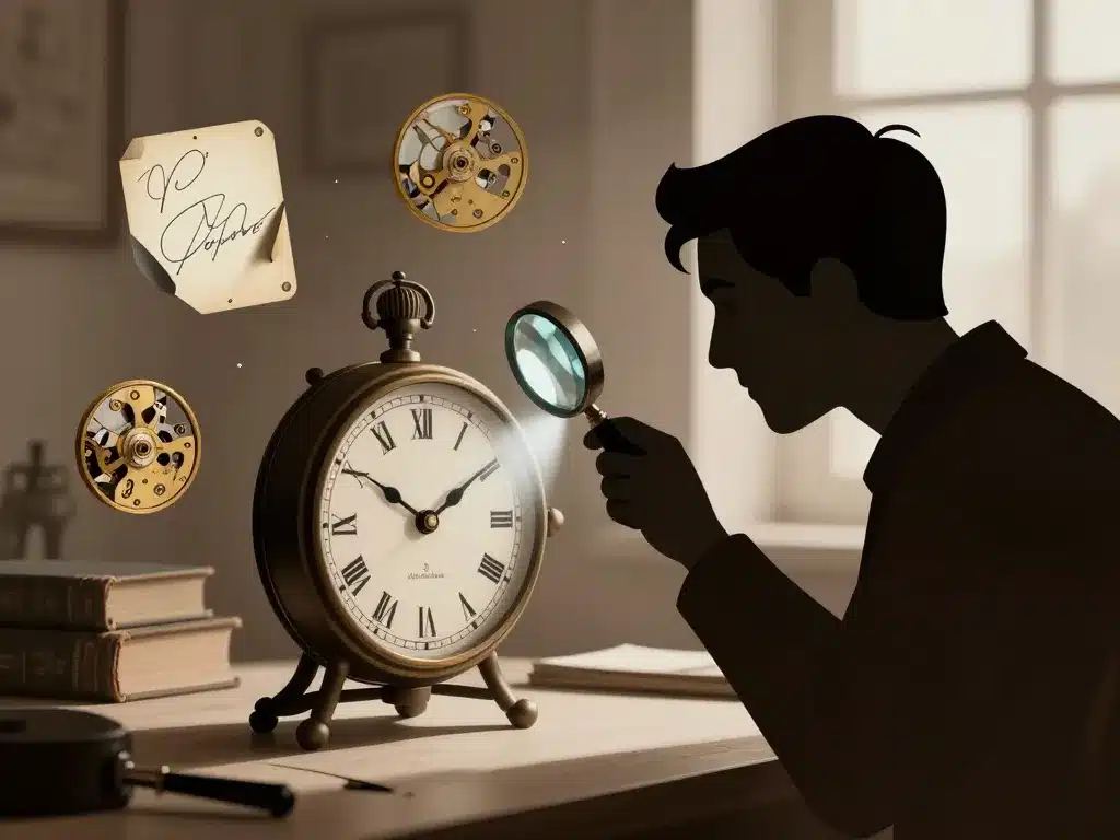 inspection pendule horloge ancienne avec loupe et détails signature