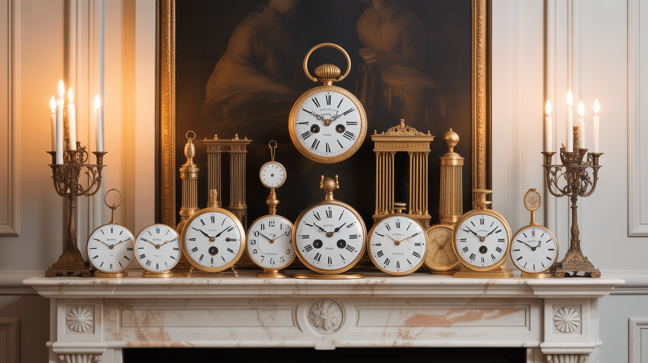 illustration pendule horloge ancienne styles Louis XV Empire Art déco sur cheminée