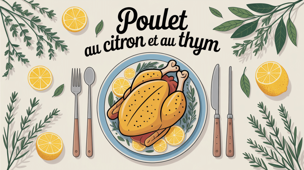 Plat de poulet au citron et au thym sur une grande table