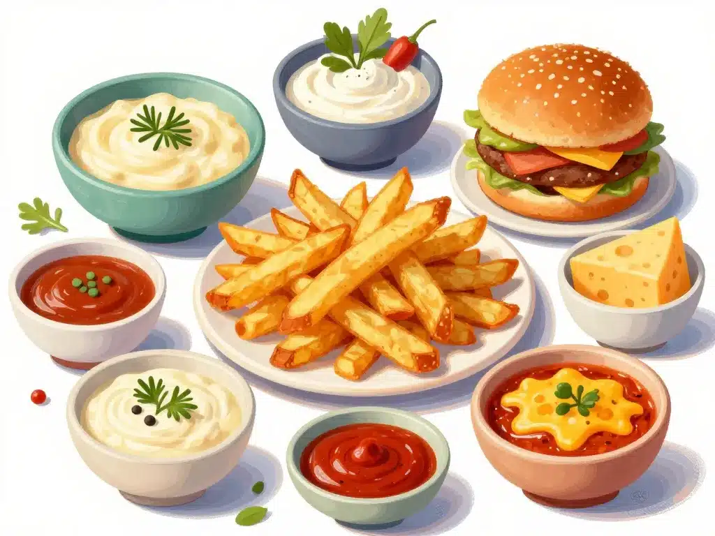 bols de sauce pour frites maison disposés autour de frites croustillantes
