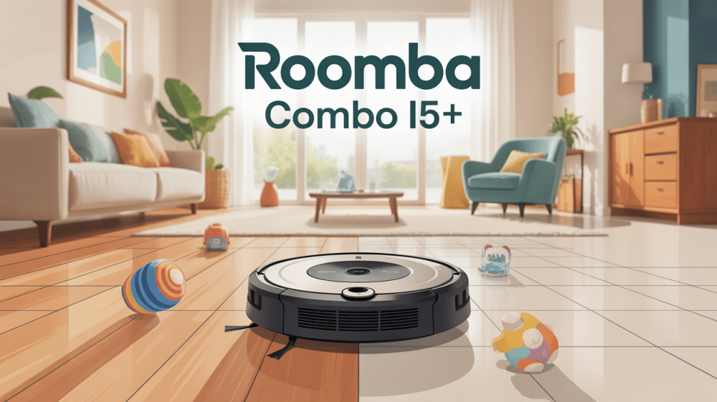 Roomba Combo i5+ nettoie parquet et carrelage dans un intérieur familial