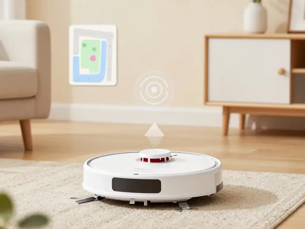 Roomba Combo i5+ navigue entre meuble et tapis dans appartement