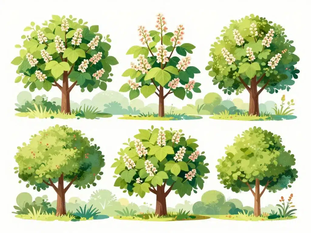 Différentes espèces de catalpa à feuillage et forme variés