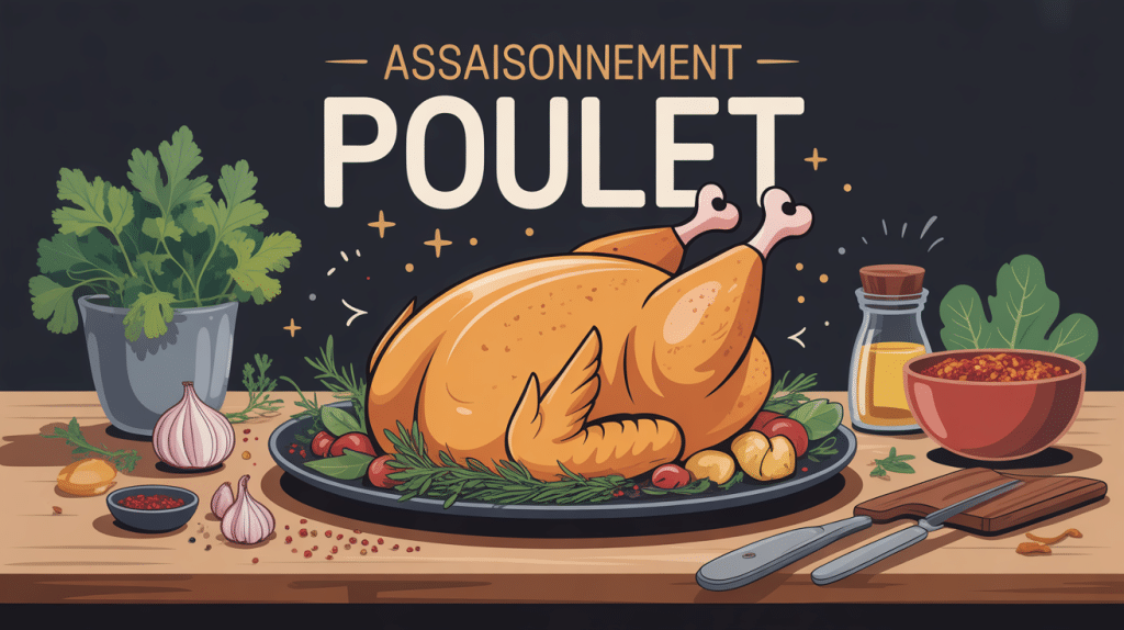 Illustration assaisonné poulet doré entouré d'épices