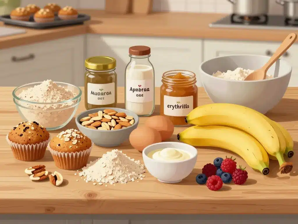 Muffin sans sucre et ingrédients sains sur un plan de travail