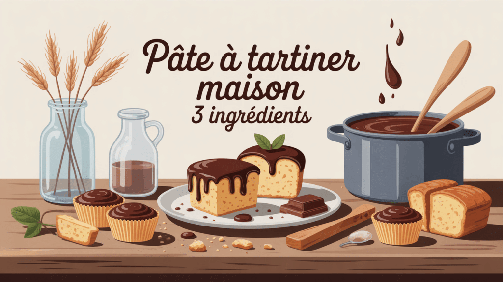 illustration pâte à tartiner maison 3 ingrédients sur table rustique