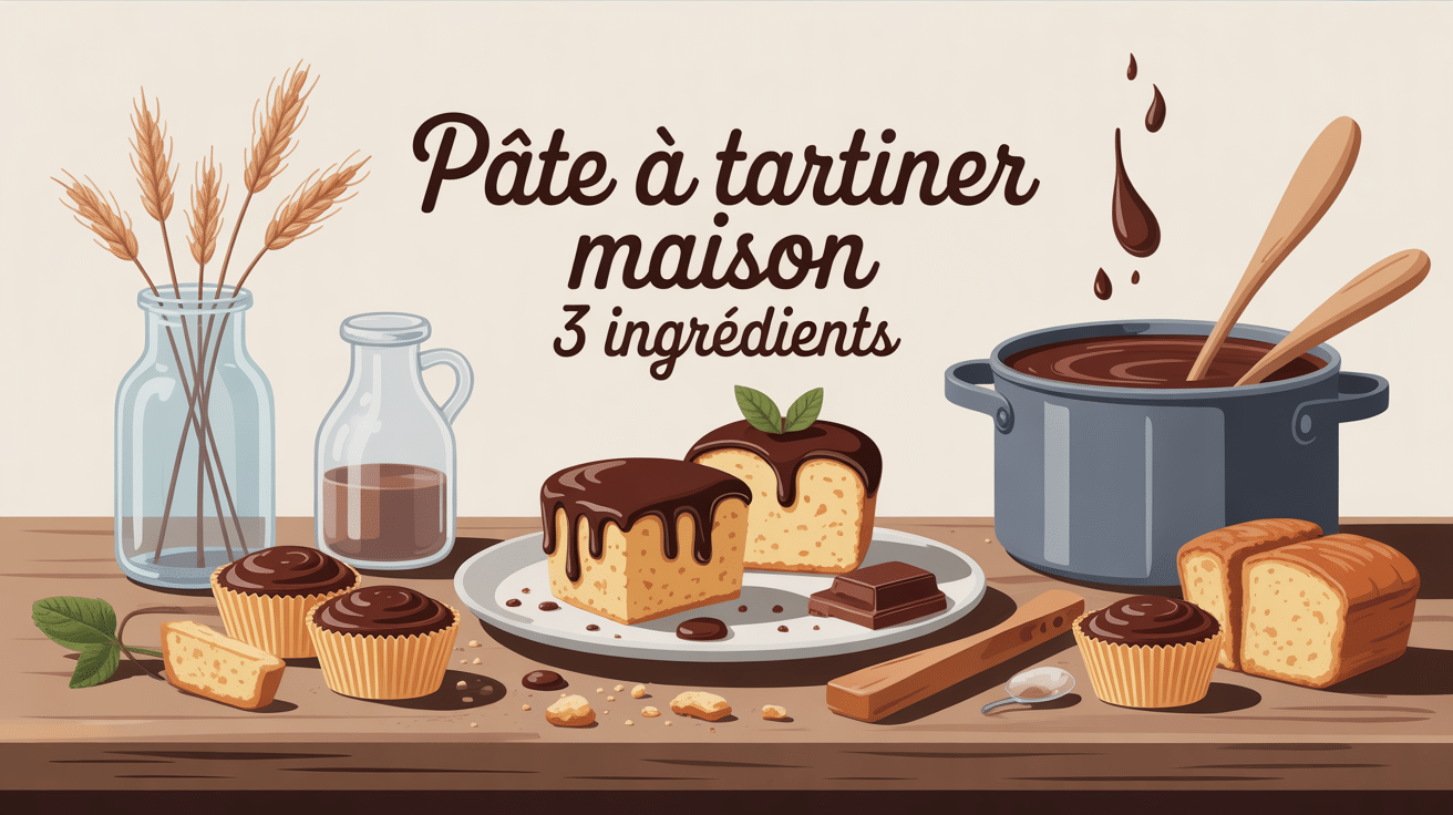 illustration pâte à tartiner maison 3 ingrédients sur table rustique