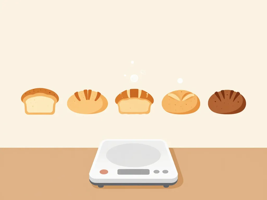 Différents petits pains et leur poids sur une balance