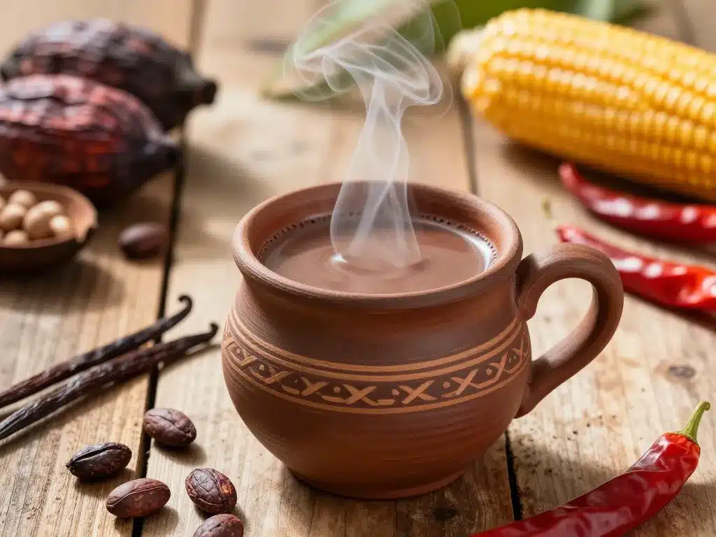 Préparation boisson maya maison cacao maïs chili