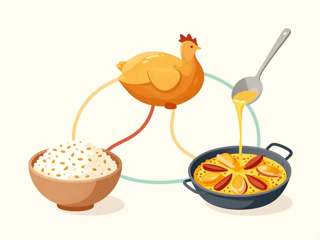 Schéma ingrédients recette paella poulet et chorizo