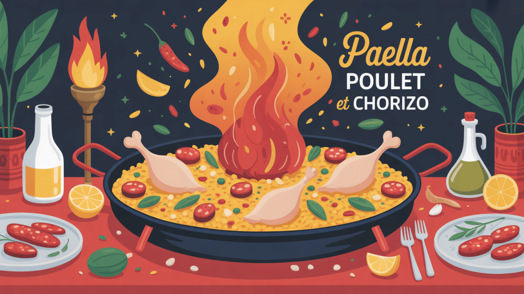 Illustration recette paella poulet et chorizo sur table conviviale