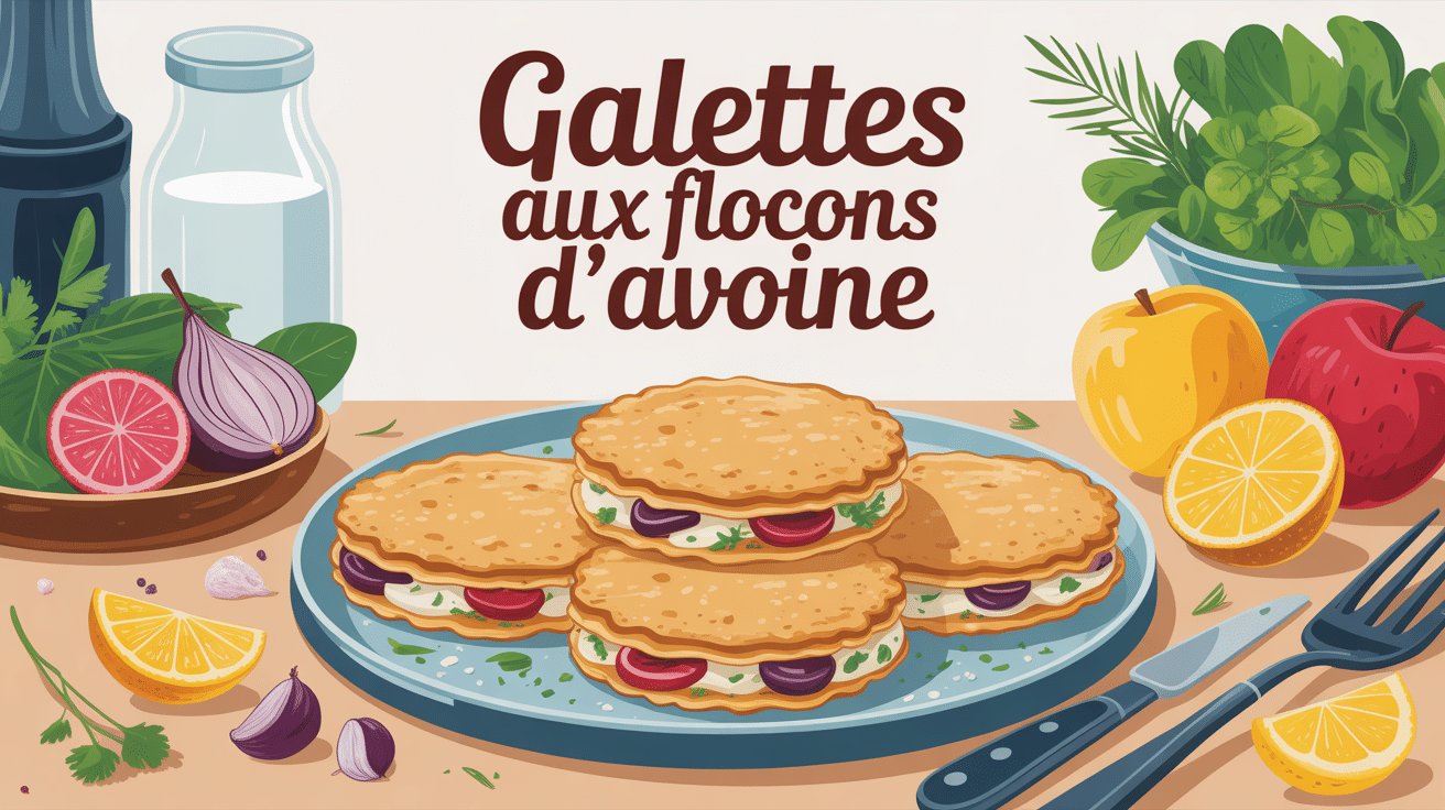 Recettes galettes flocons d'avoine en illustration sur table avec ingrédients