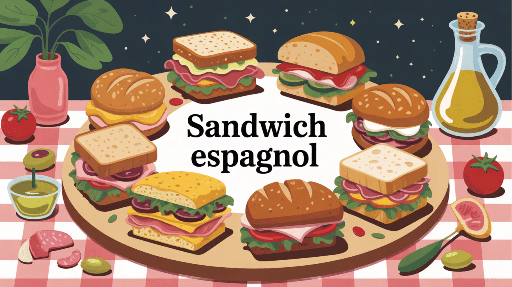 Sandwich espagnol et ingrédients sur table méditerranéenne