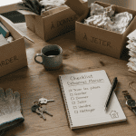 Vidage maison cartons et checklist sur table