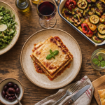 Accompagnement pour lasagne avec salade, légumes rôtis et focaccia