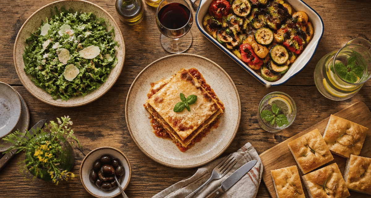 Accompagnement pour lasagne avec salade, légumes rôtis et focaccia