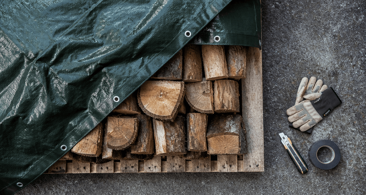 bache pour bois sur bûches empilées