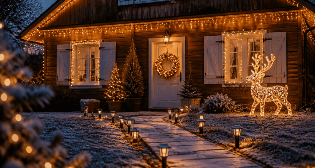 decoration noel exterieur avec guirlandes et renne lumineux