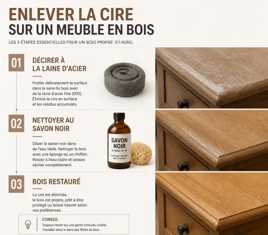 Étapes pour enlever la cire sur un meuble en bois avec des outils adaptés