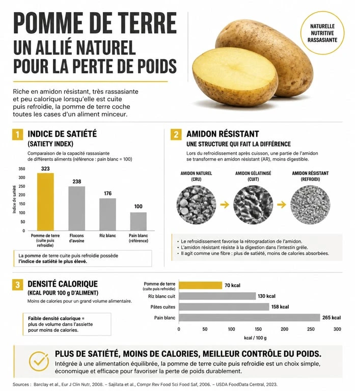 Infographie sur les bienfaits et la densité calorique de la pomme de terre dans un régime minceur