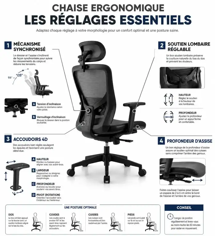 Schéma des réglages d'une chaise ergonomique pour le confort au travail