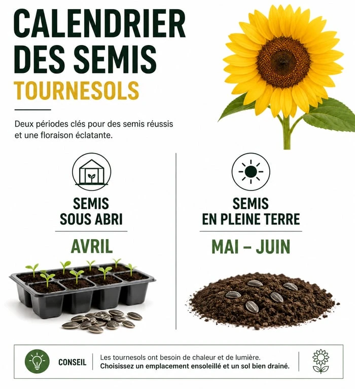 Calendrier de plantation des graines de tournesol : semis sous abri en avril et en pleine terre de mai à juin
