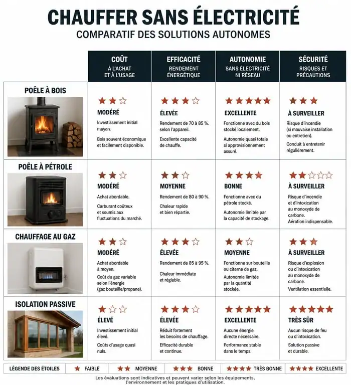 Tableau comparatif des solutions pour chauffer une pièce sans électricité