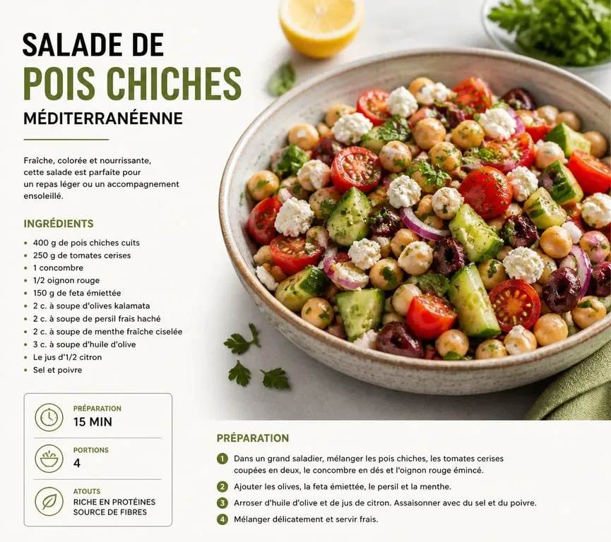 Salade de pois chiches à la méditerranéenne avec feta et légumes frais