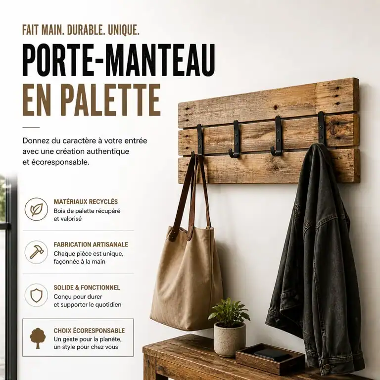 Porte-manteau en palettes recyclées fixé au mur d'une entrée moderne