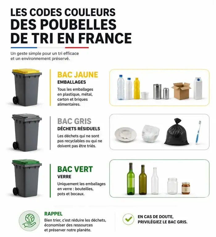 Infographie des consignes de tri et codes couleurs des poubelles pour jeter dans la poubelle correctement