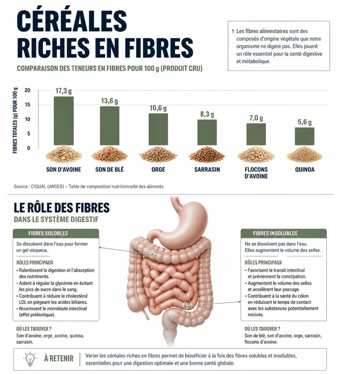 Infographie comparative des céréales riches en fibre et leurs bienfaits sur la santé digestive