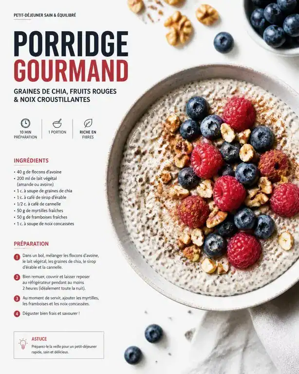 Bol de porridge aux graines de chia et fruits frais pour un petit déjeuner équilibré
