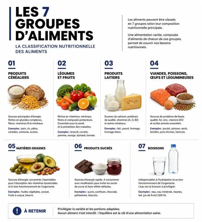 Infographie des 7 groupes d'aliments pour une alimentation équilibrée
