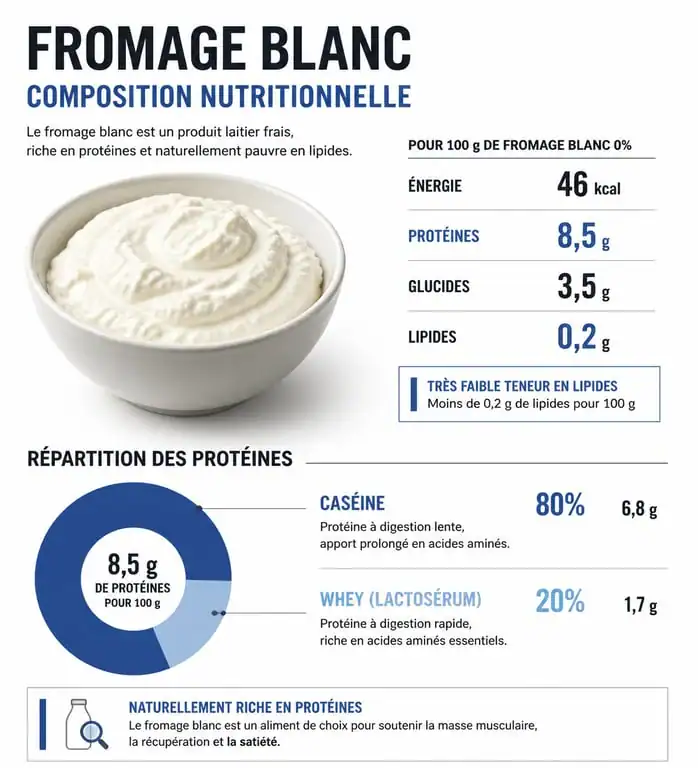 Infographie sur la composition nutritionnelle du fromage blanc et ses bienfaits pour le régime au fromage blanc