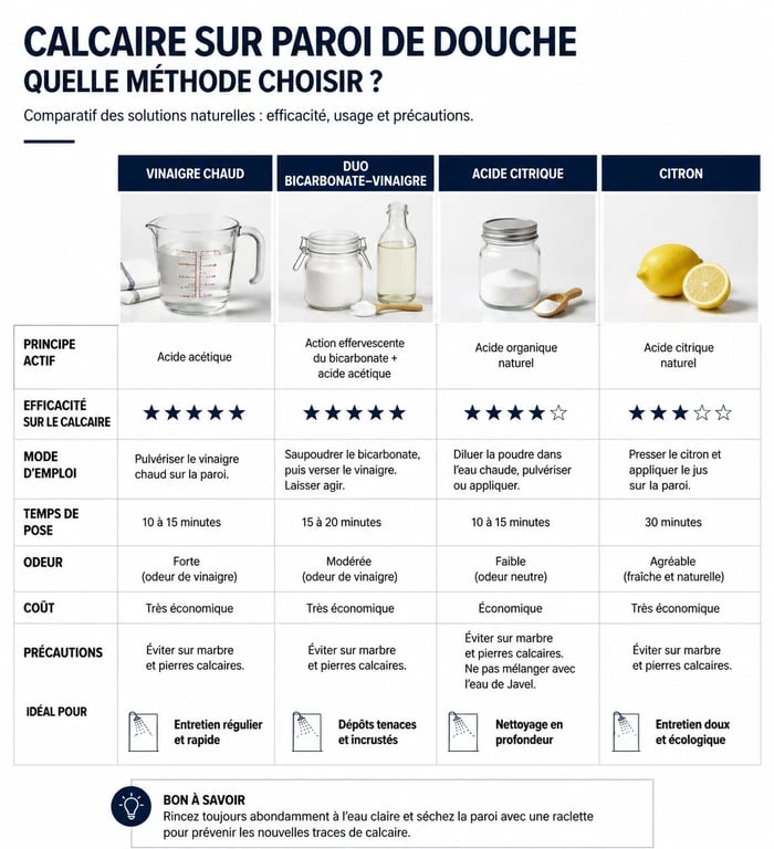 Infographie comparative des méthodes pour enlever le calcaire sur les parois de douche