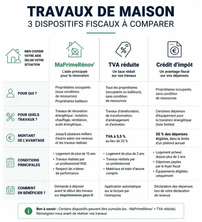 Comparatif des aides fiscales pour travaux maison : MaPrimeRénov, TVA réduite et crédit d'impôt