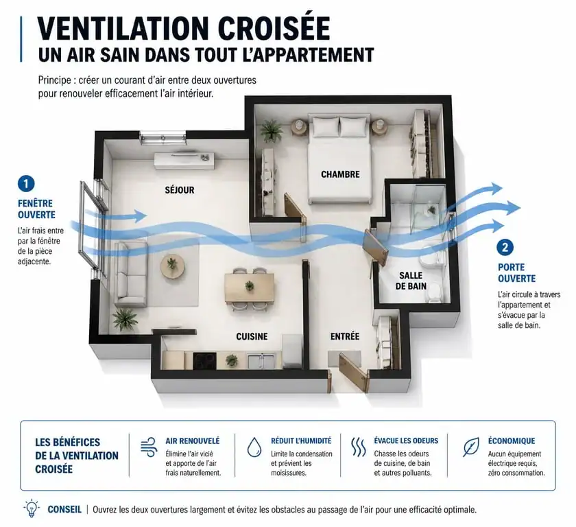 Schéma illustrant la ventilation croisée pour ventiler une salle de bain sans VMC