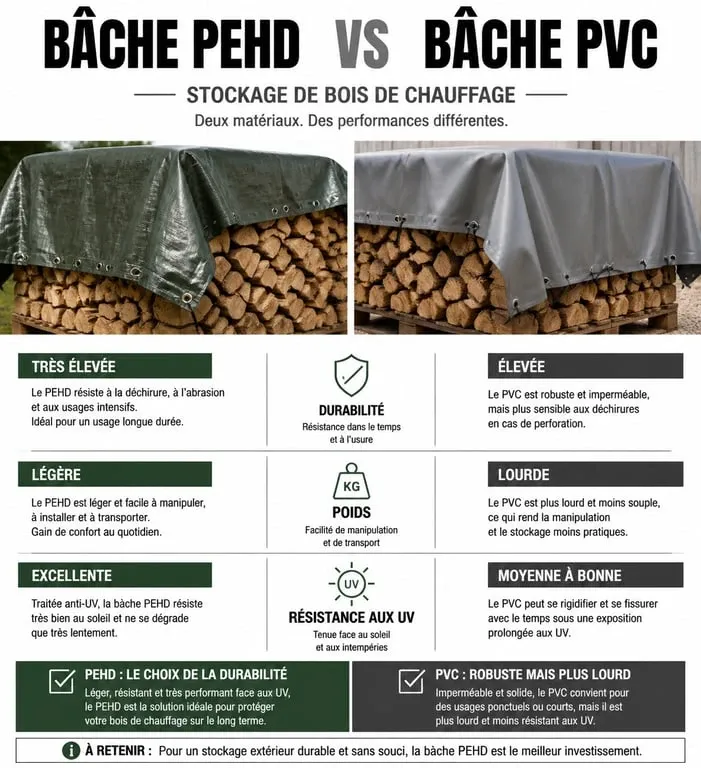 Comparatif des matériaux de bâche pour bois de chauffage : PEHD vs PVC