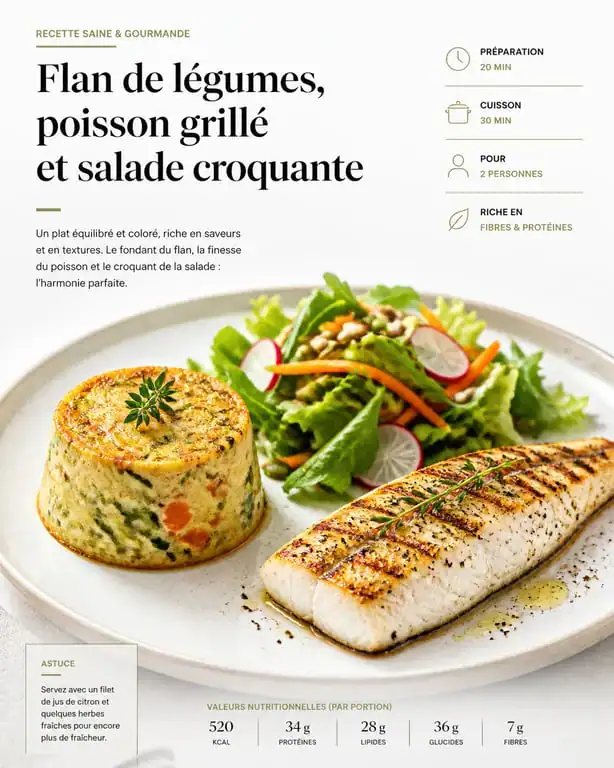 Flan de légumes accompagné de salade et poisson