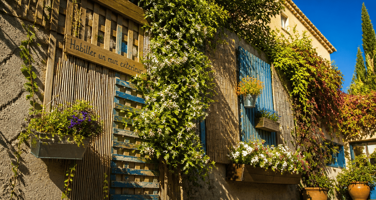 idee pour cacher un mur exterieur avec panneaux bois, bambou et plantes